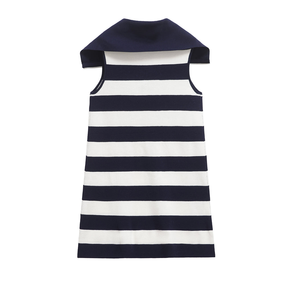 Color blocking striped sleeveless knitted lapel dress for women