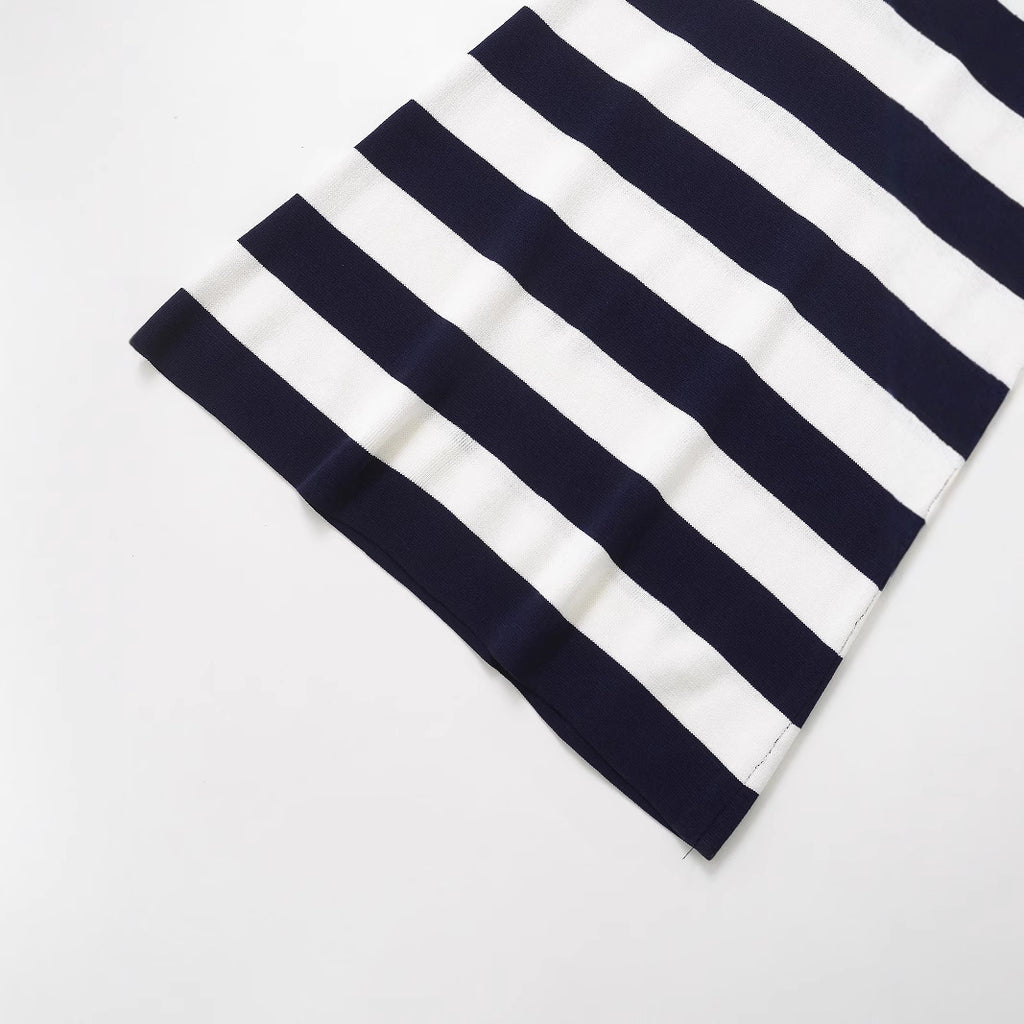 Color blocking striped sleeveless knitted lapel dress for women