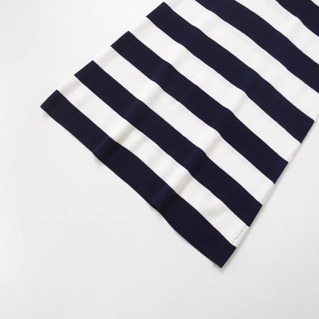 Color blocking striped sleeveless knitted lapel dress for women