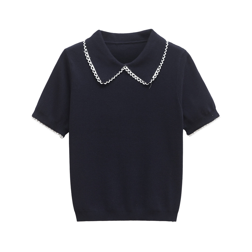 Collar lace embellishment short sleeved knitted T-shirt top for women