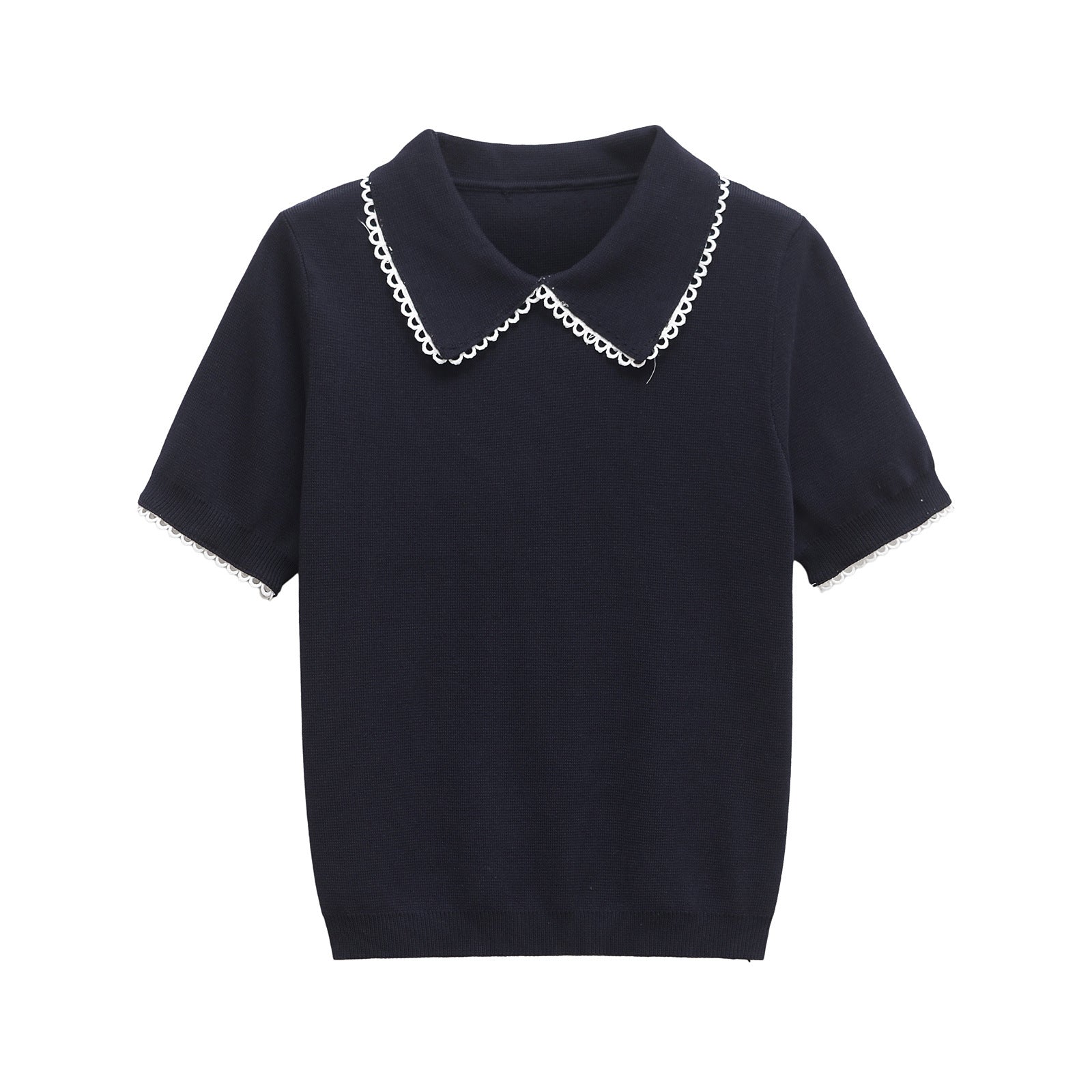 Collar lace embellishment short sleeved knitted T-shirt top for women