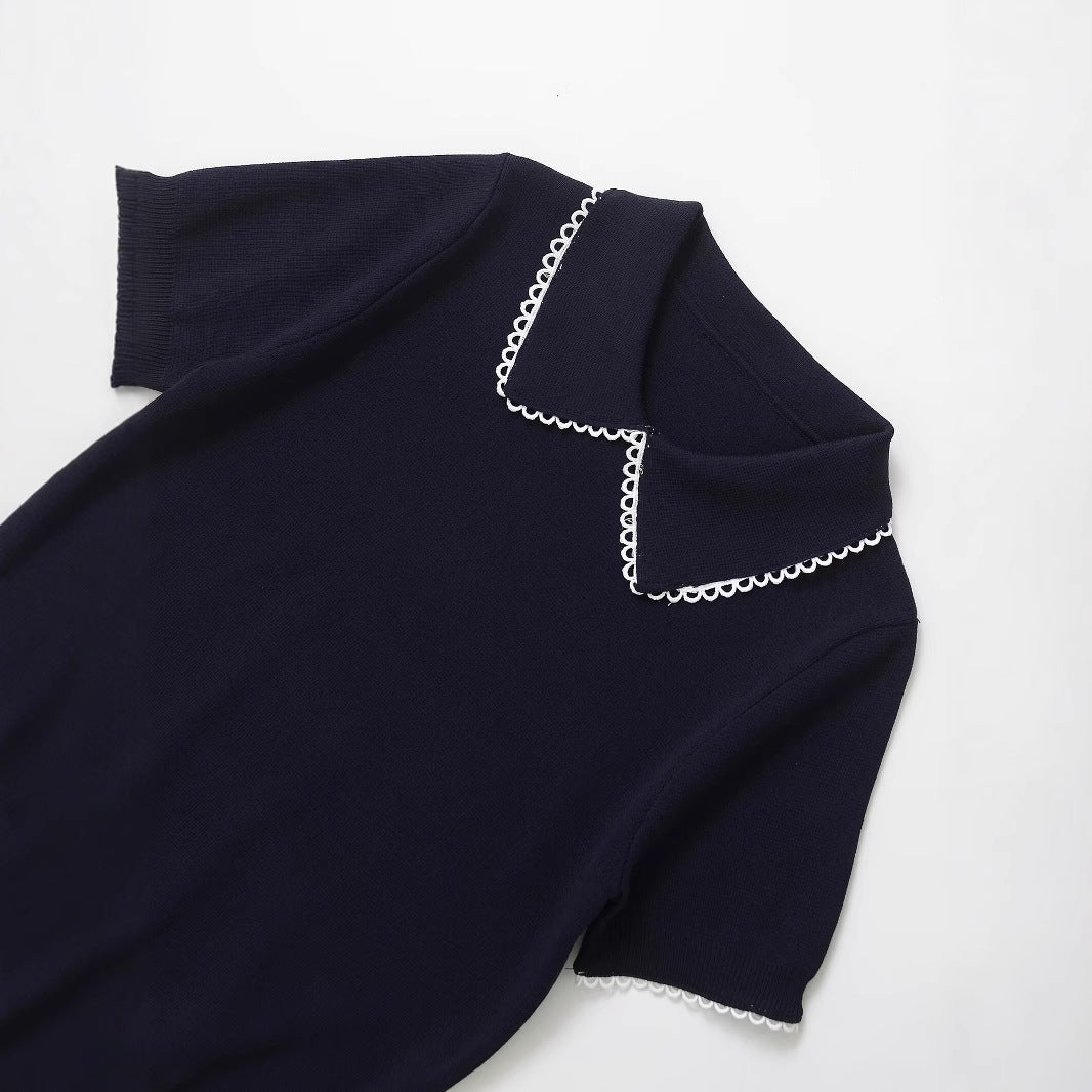 Collar lace embellishment short sleeved knitted T-shirt top for women