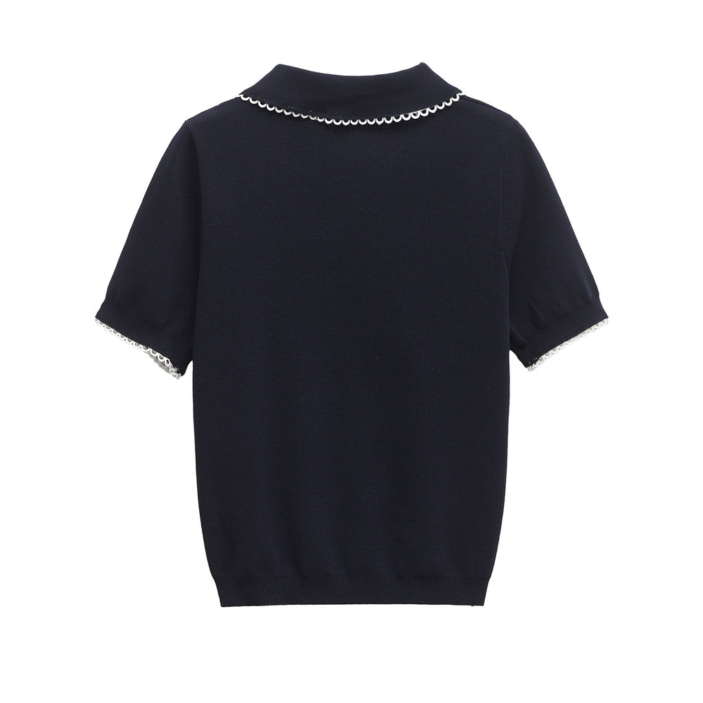 Collar lace embellishment short sleeved knitted T-shirt top for women