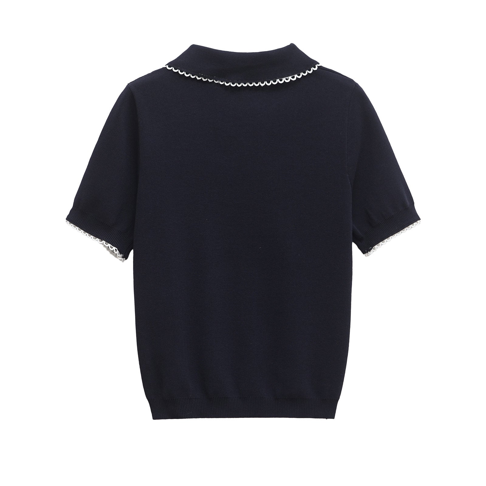 Collar lace embellishment short sleeved knitted T-shirt top for women