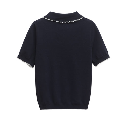 Collar lace embellishment short sleeved knitted T-shirt top for women