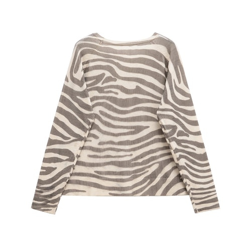 Round neck long sleeved zebra print knitted sweater top for women