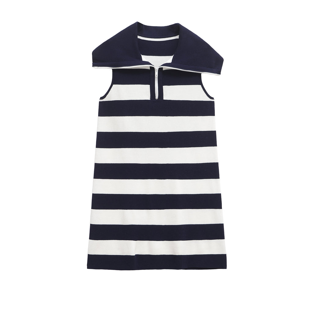 Color blocking striped sleeveless knitted lapel dress for women